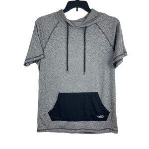 BKC Brooklyn Cloth Work Wear Gray Hooded Front Pocket Short Sleeve Top L